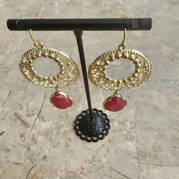 Stony Gold Filigree with Red Tear Drop Dangle Earrings - Picture 4 of 5